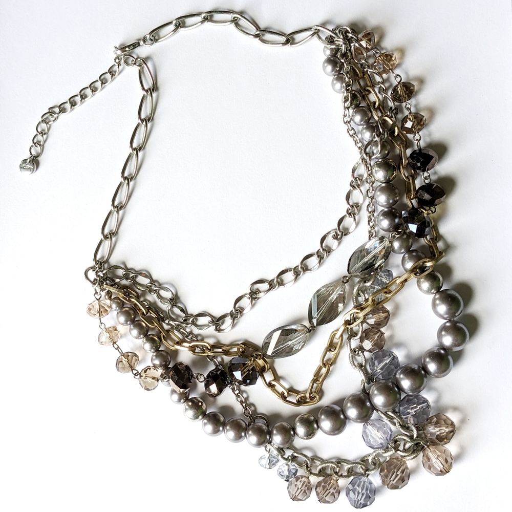 Loft Statement Necklace Multistrand Beaded Silver - image 3
